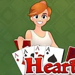 Punahiuksinen piirretty hahmo hymyilee ja pitelee pelikortteja vihreällä taustalla, sanan Hearts edessä