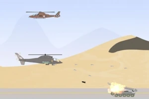 Kuva esittää kaksi helikopteria aavikkomaisemassa, joissa toinen helikopteri ampuu alapuolella olevaa panssarivaunua aiheuttaen räjähdyksen