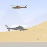 Kuva esittää kaksi helikopteria aavikkomaisemassa, joissa toinen helikopteri ampuu alapuolella olevaa panssarivaunua aiheuttaen räjähdyksen