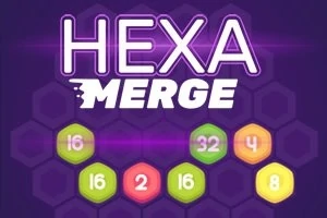 Violetilla taustalla lukee HEXA MERGE ja etualalla on värikkäitä, numeroituja hexagon-muotoisia palikoita