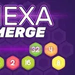 Violetilla taustalla lukee HEXA MERGE ja etualalla on värikkäitä, numeroituja hexagon-muotoisia palikoita