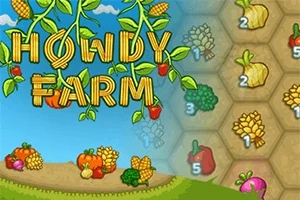 Howdy Farm -teksti, maissista ja vihanneksista tehtynä, sinisellä taustalla, ympärillä erilaisia piirrosvihanneksia kuten kurpitsoja ja paprikat