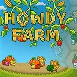Howdy Farm -teksti, maissista ja vihanneksista tehtynä, sinisellä taustalla, ympärillä erilaisia piirrosvihanneksia kuten kurpitsoja ja paprikat