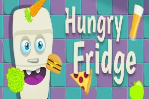 Animoitu jääkaappi koristeltu vihanneksilla ja ruoalla, taustalla on värikäs laatikkokuvio ja teksti “Hungry Fridge”