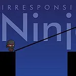 Tumma tausta, jossa pieni ninja seisoo alustalla pitkän mustan sauvan kanssa edessään teksti IRRESPONSIBLE Ninja