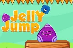 Värikäs piirros, jossa on violetti hyytelömäinen hahmo puualustalla, sininen kuutiohahmo yläpuolella ja oranssi teksti Jelly Jump