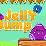 Värikäs piirros, jossa on violetti hyytelömäinen hahmo puualustalla, sininen kuutiohahmo yläpuolella ja oranssi teksti Jelly Jump