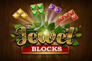 Värikkäitä jalokiviä puupinnalla, ympäröitynä vihreillä lehdillä, keskellä teksti Jewel Blocks