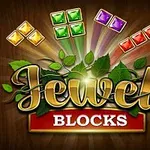 Värikkäitä jalokiviä puupinnalla, ympäröitynä vihreillä lehdillä, keskellä teksti Jewel Blocks