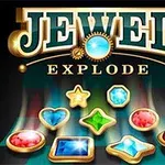Jewel Explode -otsikon alla on erilaisia värikkäitä jalokiviä mustalla taustalla