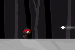 Pieni ninja, jolla on punainen päähuivi, juoksee tummassa metsässä kohti kirkasta, kiiltävää esinettä
