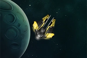 Keltainen avaruusalus lentämässä vihertävän planeetan ohi tähtien täyttämässä avaruudessa