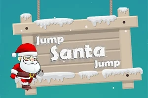Joulupukki hyppää jään peittämällä puukylttitaustalla, jossa lukee Jump Santa Jump