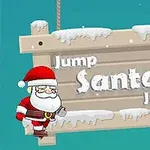Joulupukki hyppää jään peittämällä puukylttitaustalla, jossa lukee Jump Santa Jump