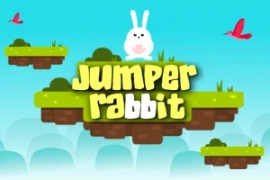 Valikoissa on pilvinen tausta, kelluvia saaria, valkoinen kani ja teksti Jumper Rabbit, sekä punaisia lintuja lentämässä