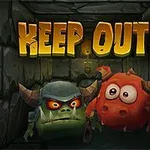 Kaksi piirrettyä hirviötä, toinen vihreä ja toinen punainen, seisoo kivisessä käytävässä suurten KEEP OUT!