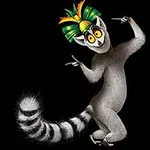 Lemuri tanssii iloisesti värikkäässä päässä erottuvalla kruunulla mustaa taustaa vasten