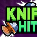 Violetti tausta, jossa on iso vihreä ja pinkki teksti KNIFE HIT 2 sekä kuva puukosta