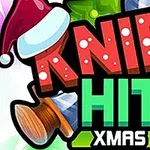 Veitsen terät puuttuvat puiseen kohteeseen, jossa on teksti KNIFE HIT XMAS joululahjan ja tonttulakin vieressä