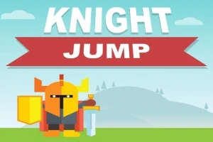 Ritari keltaisessa haarniskassa ja kilvessä, taustallaan sininen taivas ja mäet, otsikolla Knight Jump