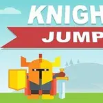 Ritari keltaisessa haarniskassa ja kilvessä, taustallaan sininen taivas ja mäet, otsikolla Knight Jump