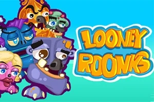 Sarjakuvamaisia hahmoja värikkäillä kasvoilla ja oranssi teksti Looney Roonks sinisellä taustalla