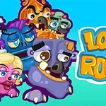 Sarjakuvamaisia hahmoja värikkäillä kasvoilla ja oranssi teksti Looney Roonks sinisellä taustalla