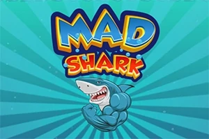 Piirrosmiekkakala, jolla on lihakset ja hymyilevä ilme, taustalla on säteittäinen sininen kuvio ja yläpuolella teksti MAD SHARK