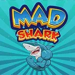 Piirrosmiekkakala, jolla on lihakset ja hymyilevä ilme, taustalla on säteittäinen sininen kuvio ja yläpuolella teksti MAD SHARK