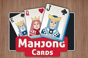 Kolme pelikorttia, kuningas, kuningatar ja sotilas, päällä tekstilaatikko, jossa lukee Mahjong Cards