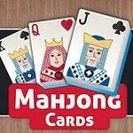 Kolme pelikorttia, kuningas, kuningatar ja sotilas, päällä tekstilaatikko, jossa lukee Mahjong Cards