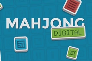 Sinisellä taustalla MAHJONG DIGITAL -teksti ja erivärisiä neliöitä, joissa on kuvioita