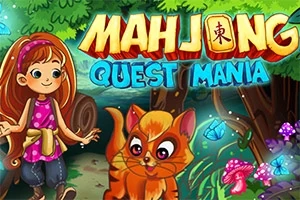 Nuori tyttö ja oranssi kissa värikkäässä metsässä, jossa loistaa sinisiä ja violetteja perhosia ja sieniä, taustalla teksti Mahjong Quest Mania