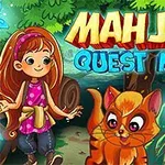 Nuori tyttö ja oranssi kissa värikkäässä metsässä, jossa loistaa sinisiä ja violetteja perhosia ja sieniä, taustalla teksti Mahjong Quest Mania