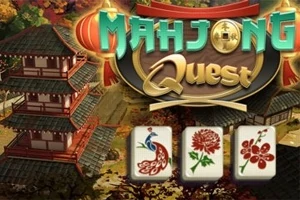 Punainen pagoda syksyisessä ympäristössä, keskellä suurikokoinen logo, alareunassa kolme mahjong-laattaa, joissa kuvioina riikinkukko, kukka ja oksa