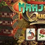Punainen pagoda syksyisessä ympäristössä, keskellä suurikokoinen logo, alareunassa kolme mahjong-laattaa, joissa kuvioina riikinkukko, kukka ja oksa