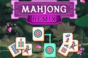 Violetti Mahjong Remix -tekstikyltti, ympärillä lehtiä ja kukkia sekä useita mahjong-laattoja, joissa on erilaisia kuvioita