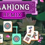 Violetti Mahjong Remix -tekstikyltti, ympärillä lehtiä ja kukkia sekä useita mahjong-laattoja, joissa on erilaisia kuvioita