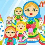 Venäläisiä maatuskanukkeja värikkäillä huiveilla ja kukkakuvioilla sinisellä taustalla