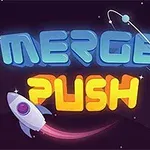 Avaruusteemainen kuva, jossa on teksti MERGE PUSH neonväreissä ja pieni raketti, joka lentää tähdillä koristellussa avaruudessa