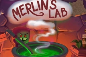Paha hahmo sekoittaa vihreää kiehuvaa juomaa, ja taustalla lukee Merlins Lab
