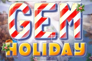 Tekstissä lukee GEM HOLIDAY, jossa GEM on punavalkoisilla raidoilla koristeltu ja HOLIDAY on keltaisella, taustalla talvinen maisema
