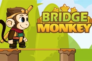 Piirroshahmo apina seisoo sillalla vehreässä taustamaisemassa teksti Bridge Monkey vieressään
