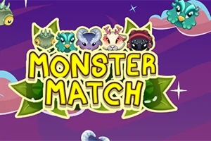 Värikäs otsikko Monster Match koristeltuna erilaisilla söpöillä hirviöillä violetilla taustalla