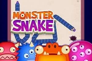 Värikkäitä piirrettyjä hirviöitä ja sininen käärme vaalealla taustalla, keskellä teksti Monster Snake