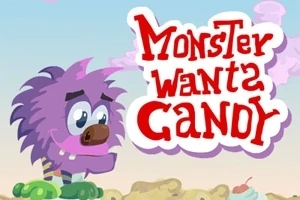 Violetti, pörröinen hirviö katsoo eteenpäin, taustalla keksimaailma ja teksti Monster Wants Candy