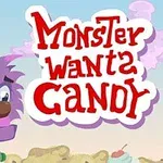 Violetti, pörröinen hirviö katsoo eteenpäin, taustalla keksimaailma ja teksti Monster Wants Candy