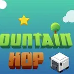 Vihreällä taustalla on suuri teksti MOUNTAIN HOP, jossa on sininen lintu, tähti, puu ja kuutio vuohi