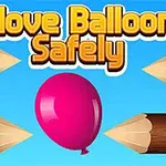 Vaaleansinisellä taustalla oleva vaaleanpunainen ilmapallo, jota ympäröivät puunoksansäleet, ja keltaisella teksti Move Balloon Safely