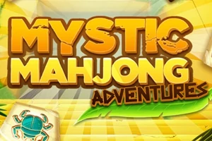 Mystic Mahjong Adventures -teksti keltaisella taustalla, jossa vihreitä lehtiä ja mahjong-laatta, jossa on sininen rapu
